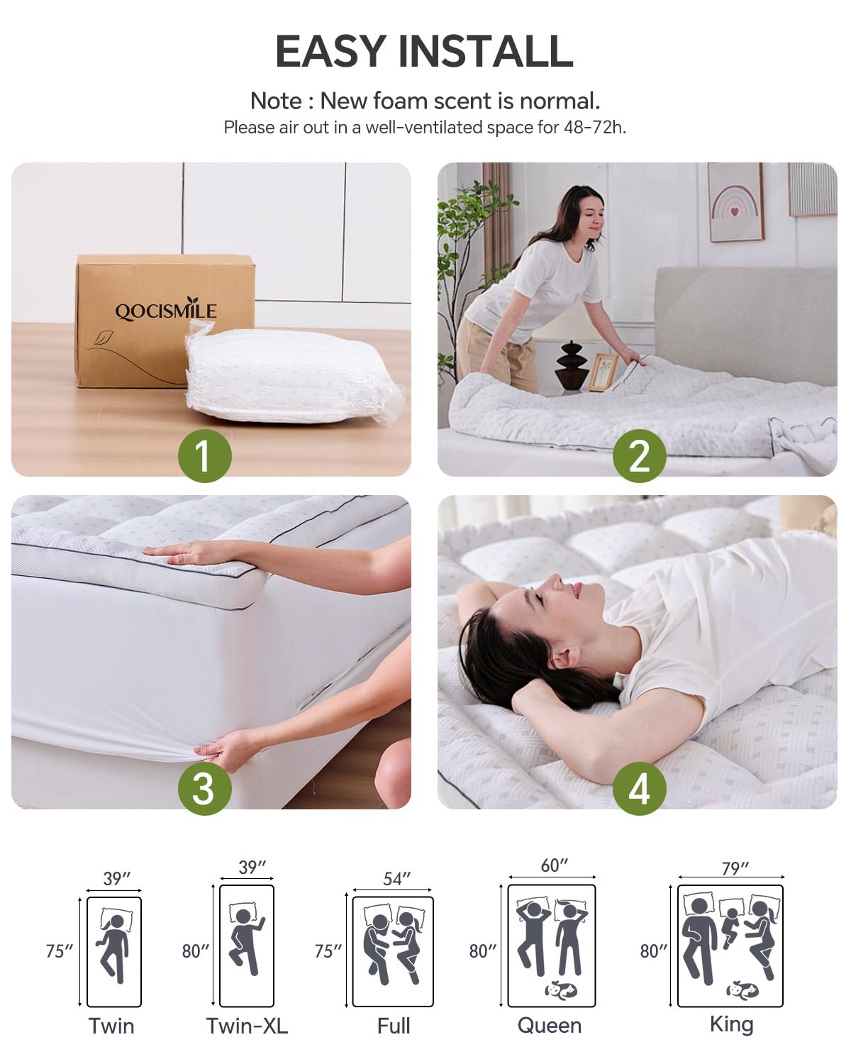 Qocismile queen topper on bed highlighting quick installation and setup.