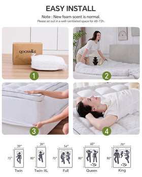Qocismile queen topper on bed highlighting quick installation and setup.