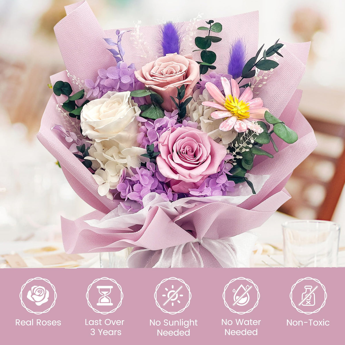 QOEAZY bouquet highlights roses hydrangeas Artemisia and ferns
