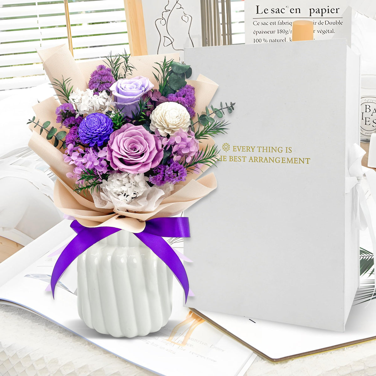 QOEAZY handmade rose bouquet with hydrangea for elegant home décor