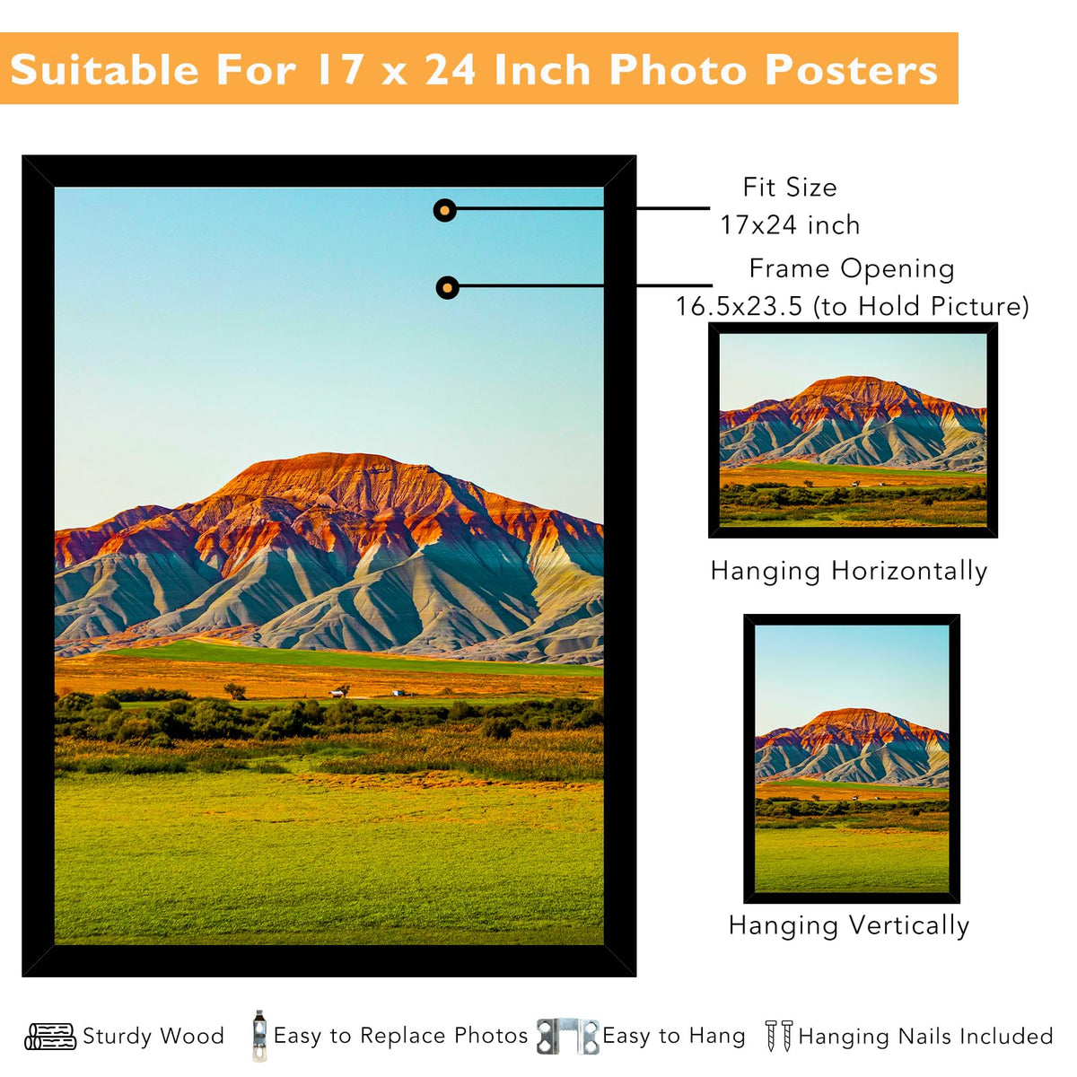 QOTIB 17x24 black frame back with hooks for vertical or horizontal hanging
