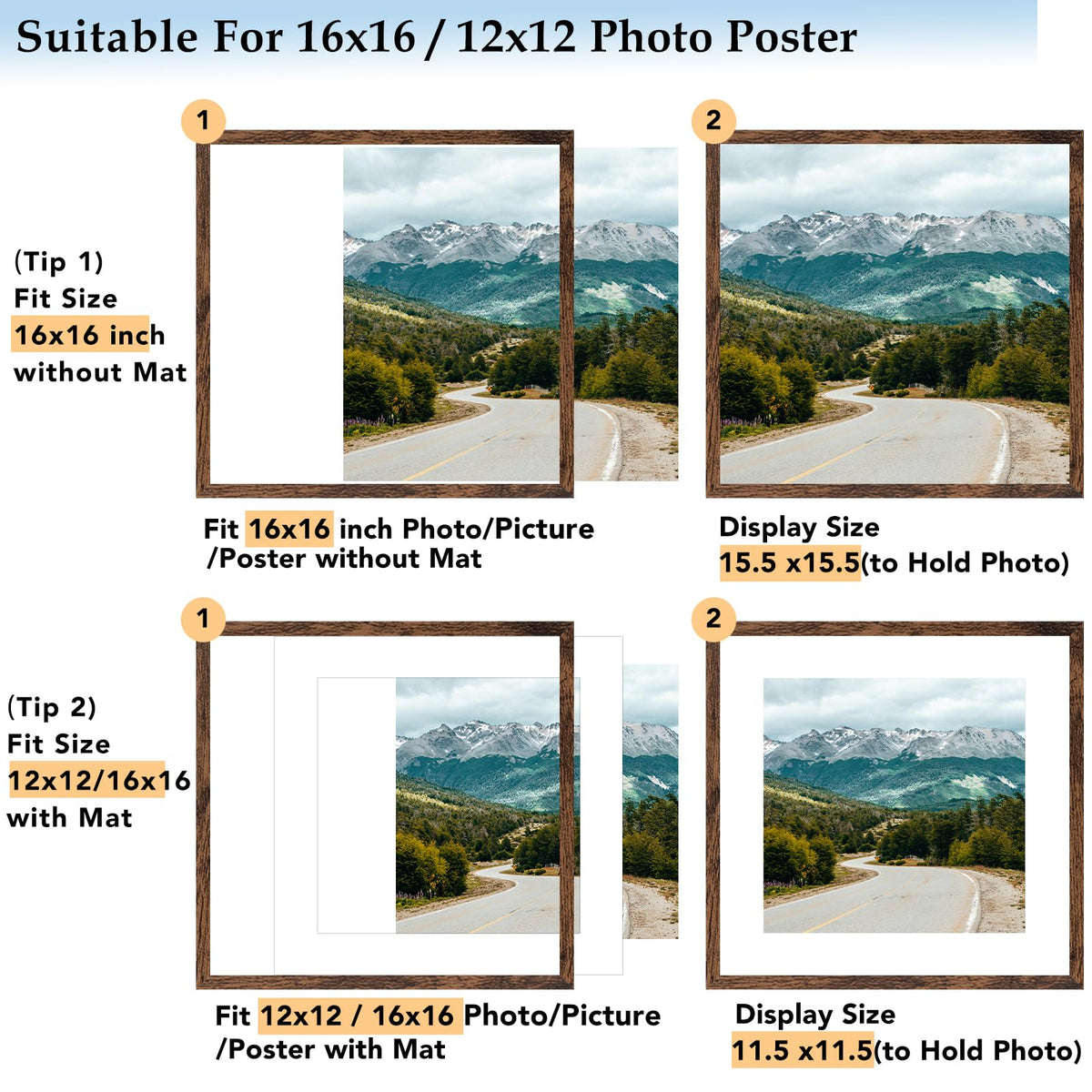 QOTIB wood 16x16 frame without mat provides clean display for larger posters