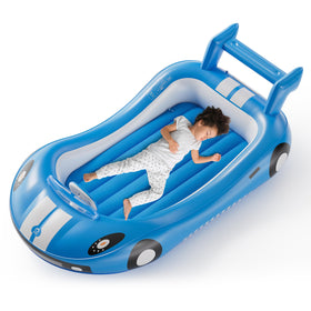 QPAU Blow Up Toddler Bed with Sides in blue race-car design for travel sleep