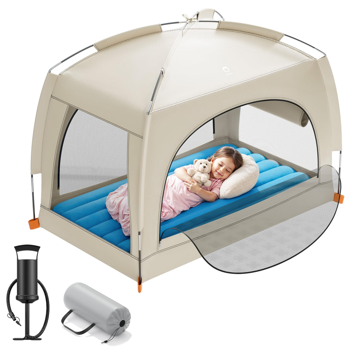 QPAU inflatable toddler bed tent combo for secure, cozy travel sleep