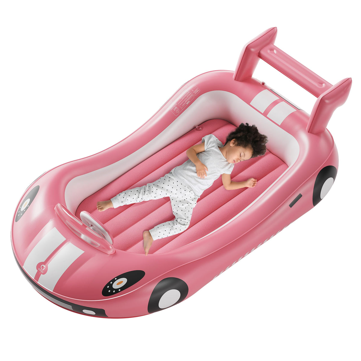 QPAU toddler travel bed with race car design in pink for on-the-go sleep