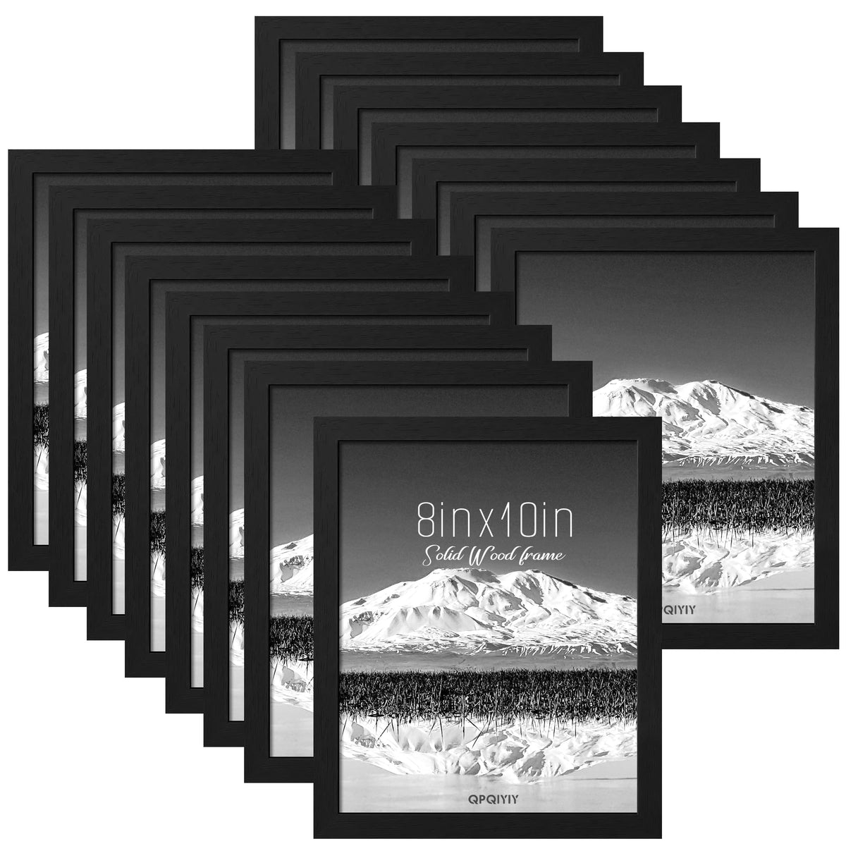 QPQIYIY 15-pack solid wood 8x10 frames for wall or tabletop display in a cohesive home gallery.