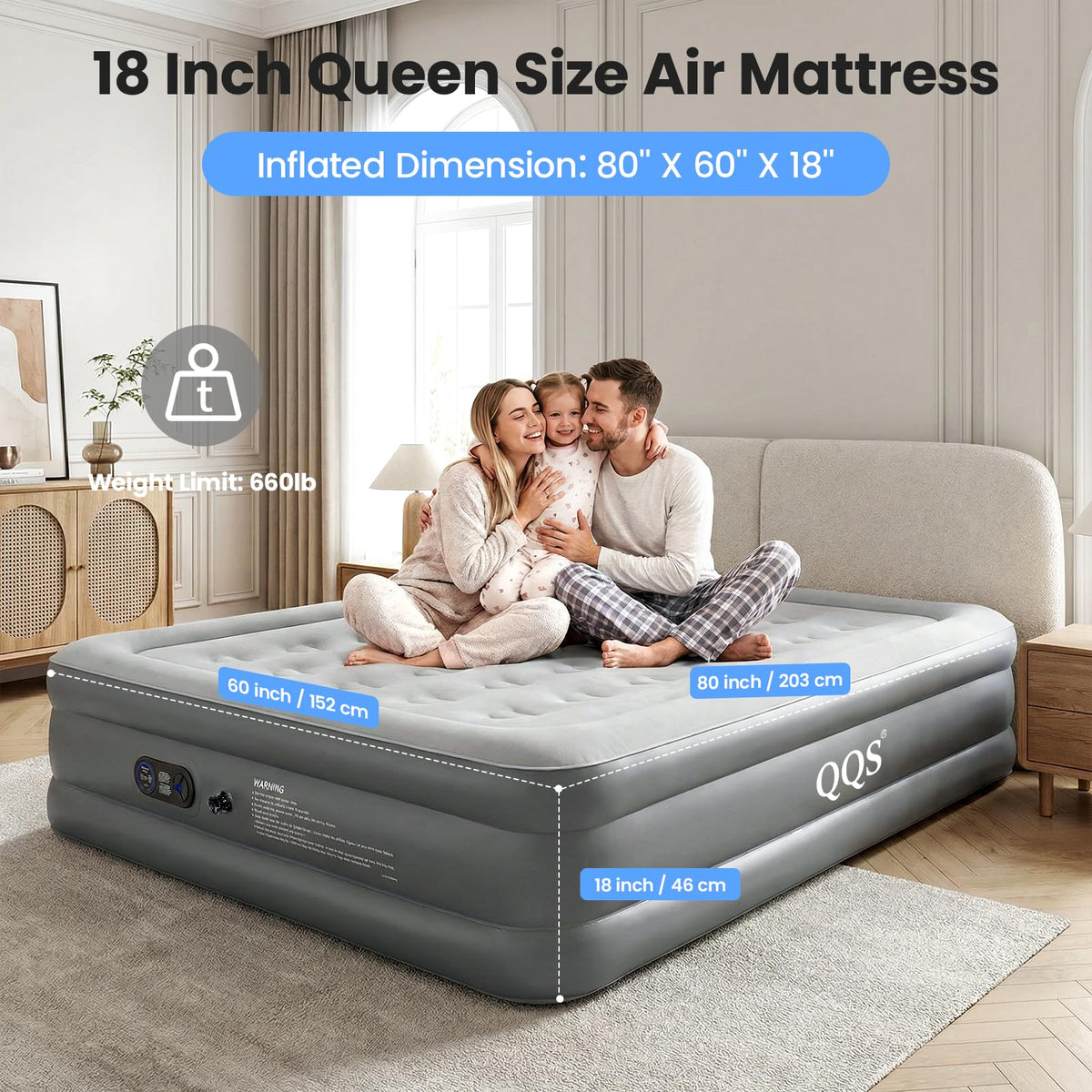 QQS air mattress queen fully inflated in three minutes for guests.
