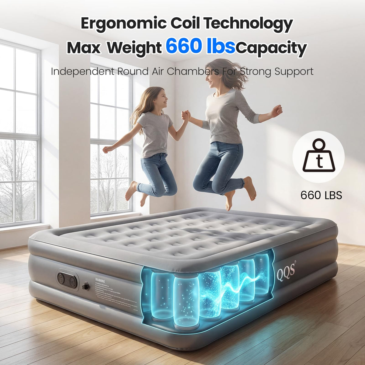 QQS air mattress queen with 35-coil support for spinal alignment.
