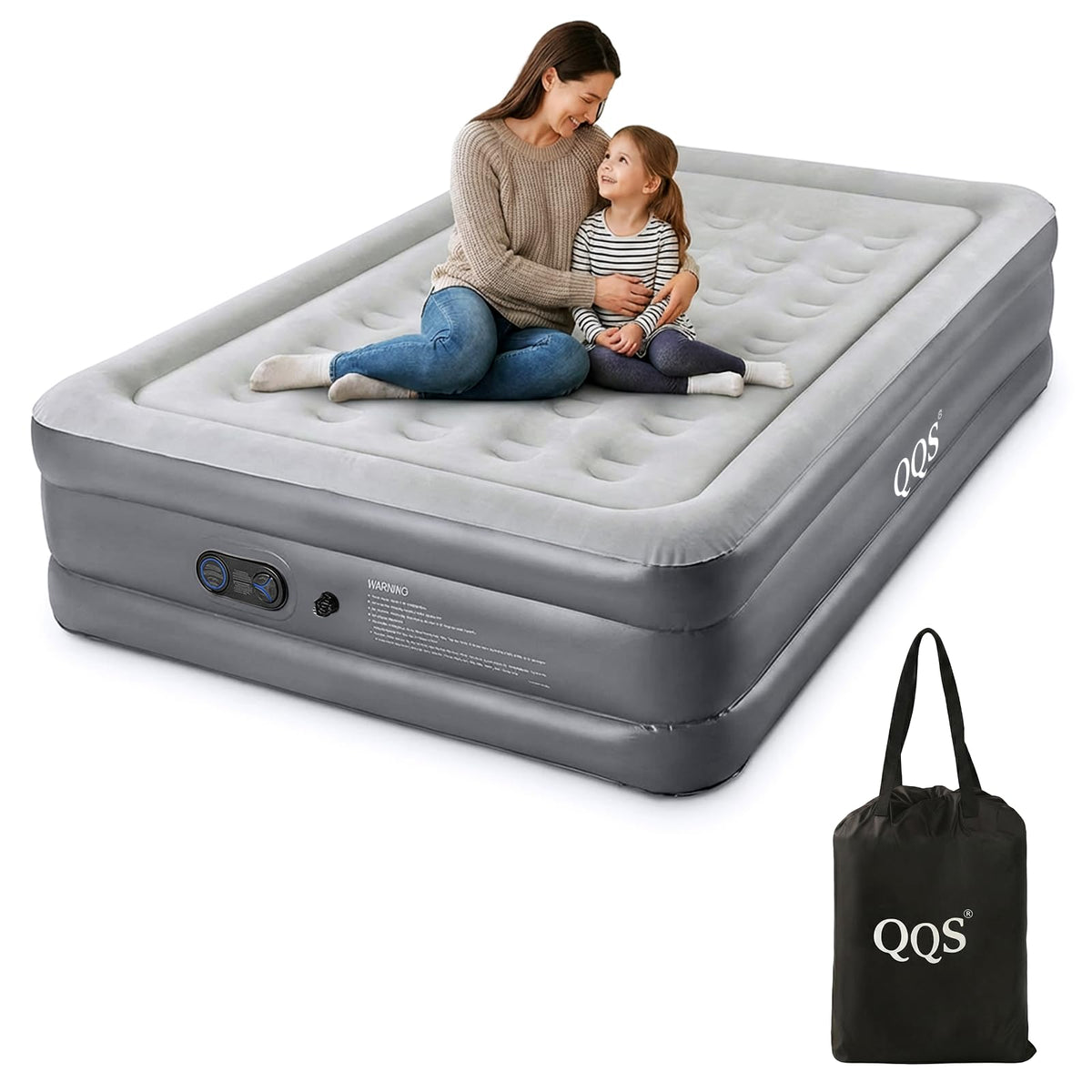 QQS air mattress queen with built-in pump, top view shows quick setup.