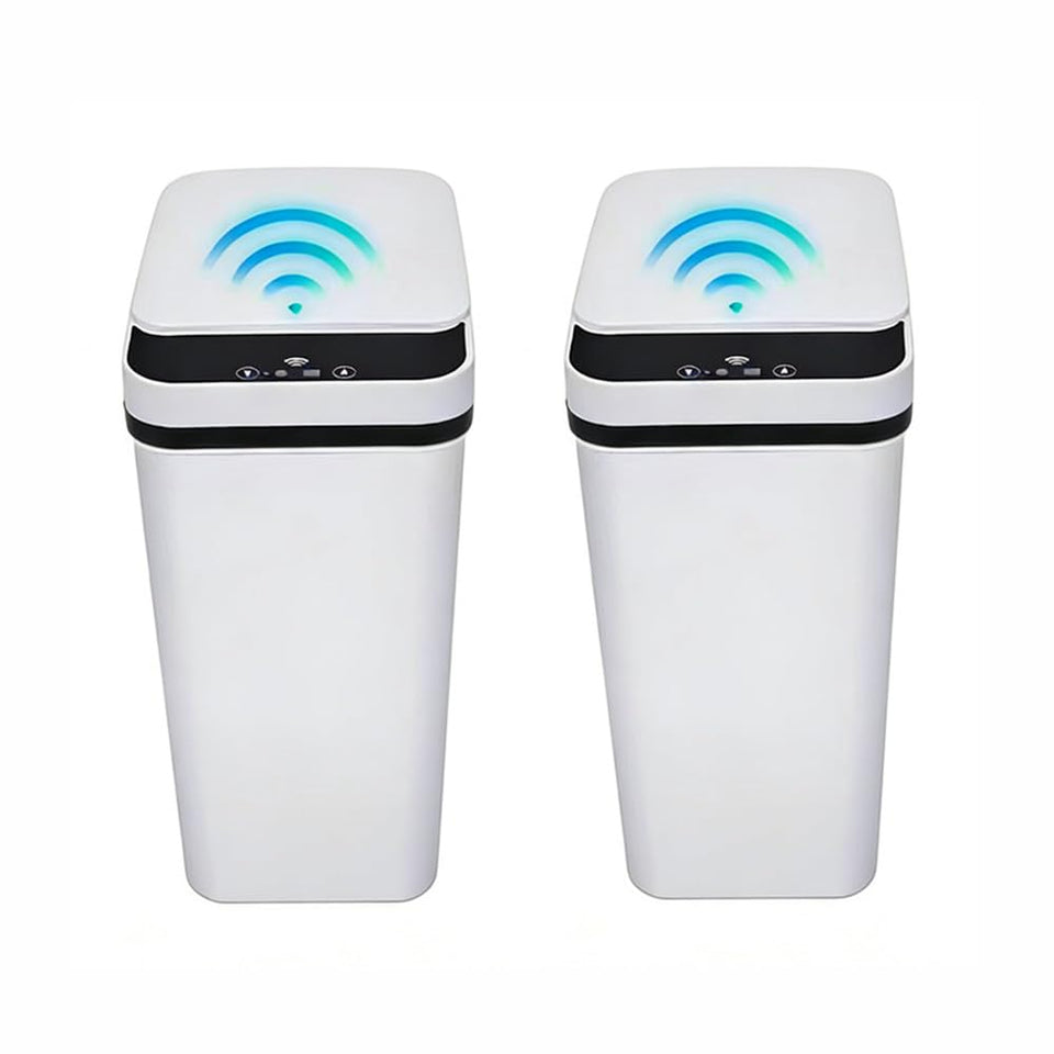 QSFWCSM 2-pack bathroom trash can with sensor lid for hands-free use.