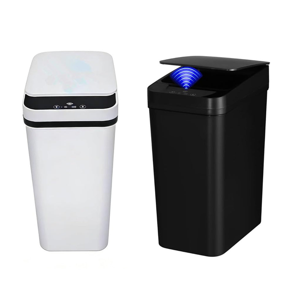 QSFWCSM bathroom trash can with sensor lid for hands-free disposal.