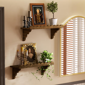 QsQueen shelf with brackets close-up showing matching rustic design
