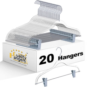 Quality Hangers clear pants hanger with clips in a 20-pack for closet organization.