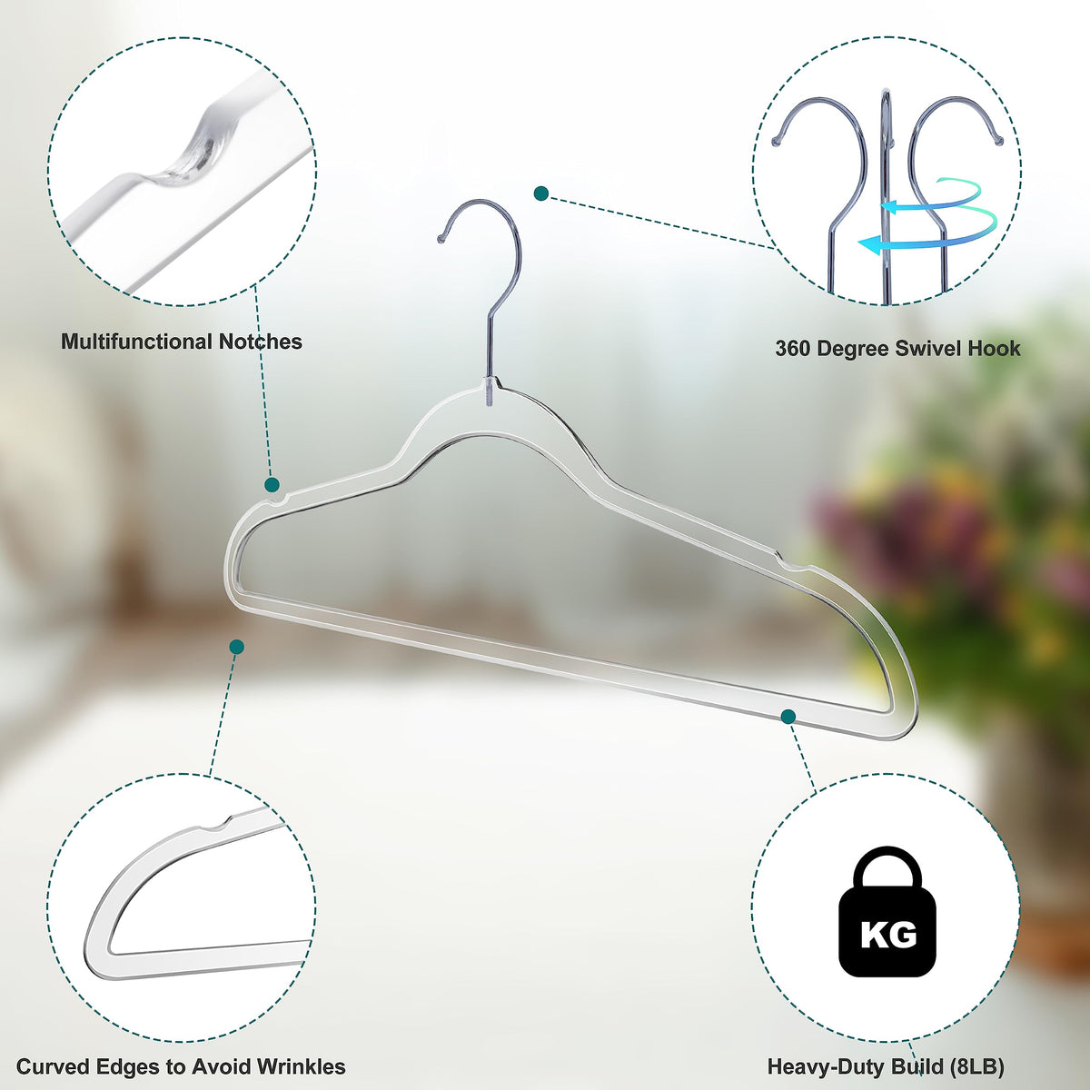 Quality Hangers clear hangers with a 360-degree swivel hook for easy access.