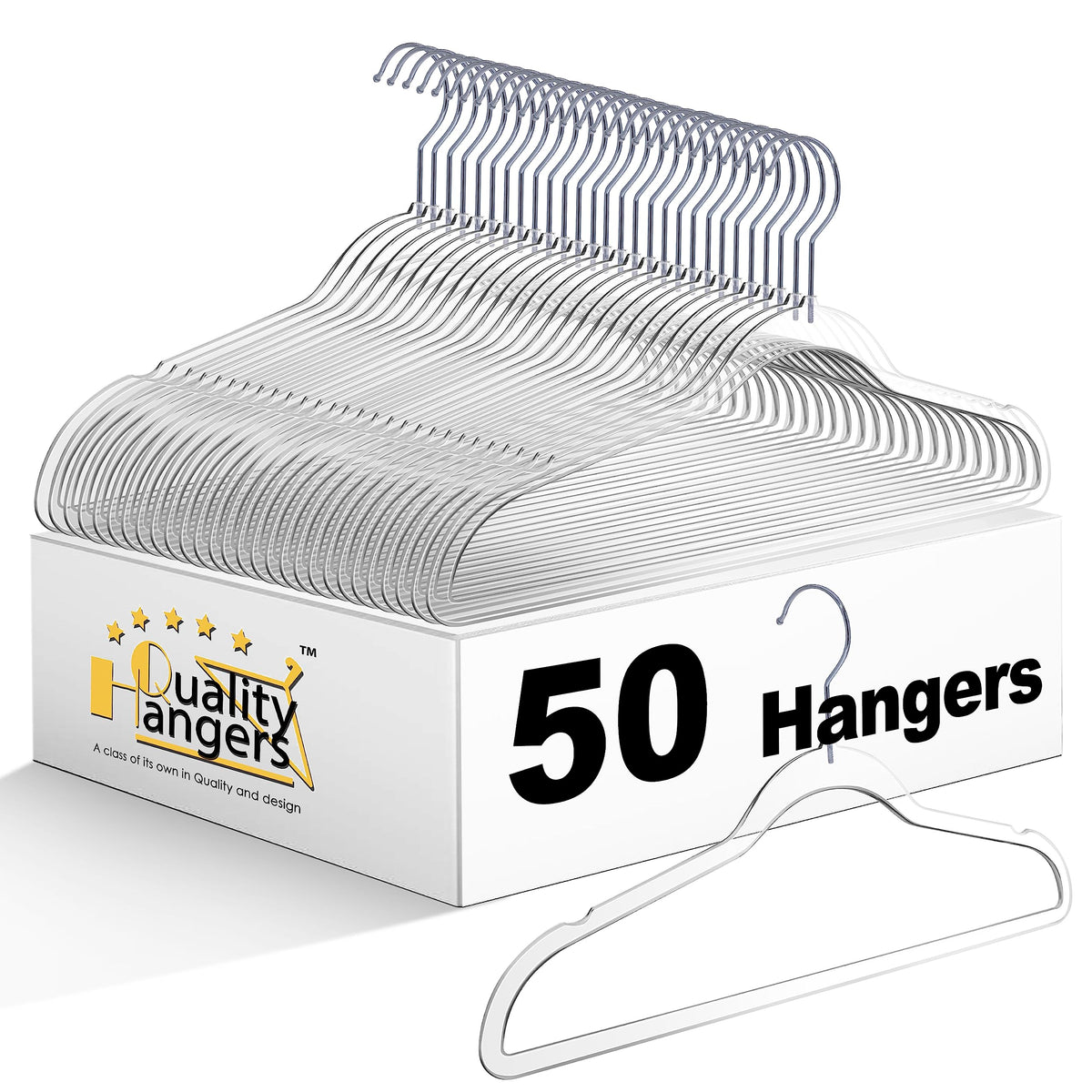 Quality Hangers clear plastic hanger front view shows slim space-saving profile.