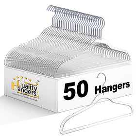 Quality Hangers clear plastic hanger front view shows slim space-saving profile.