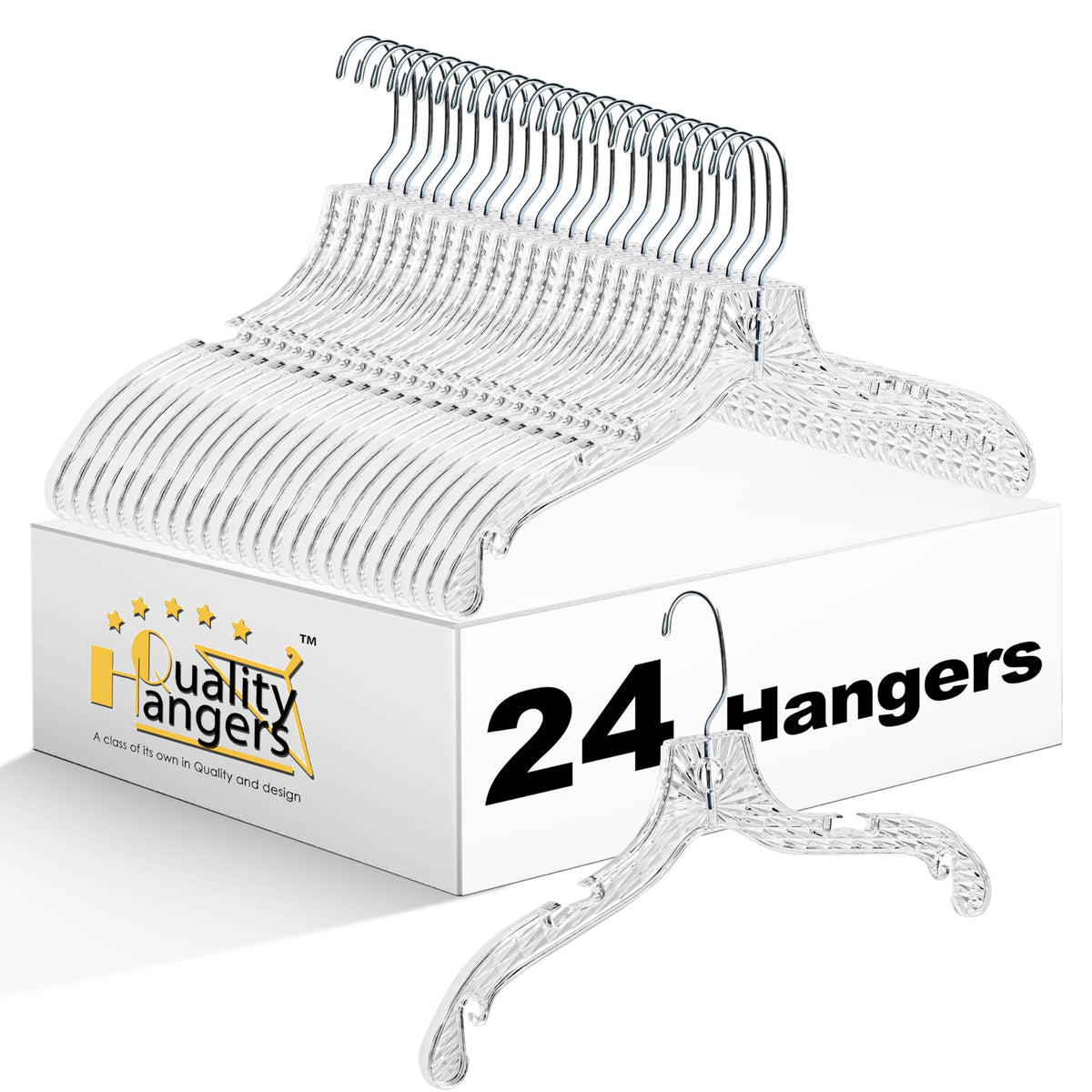 Quality Hangers clear plastic hangers with a 360° swivel hook for easy access.