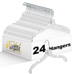 Quality Hangers clear plastic hangers with a 360° swivel hook for easy access.