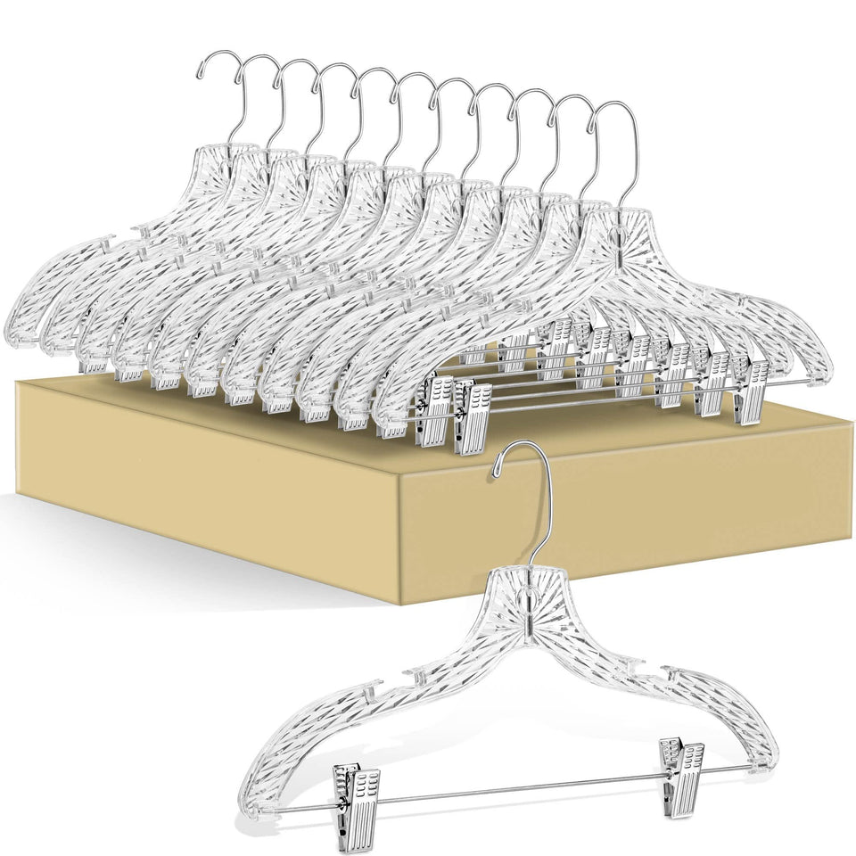 Quality Hangers crystal-cut clear skirt hanger adds elegance and organized wardrobe space.