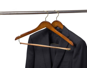 Quality Hangers curved wooden hanger showing gold swivel hook.