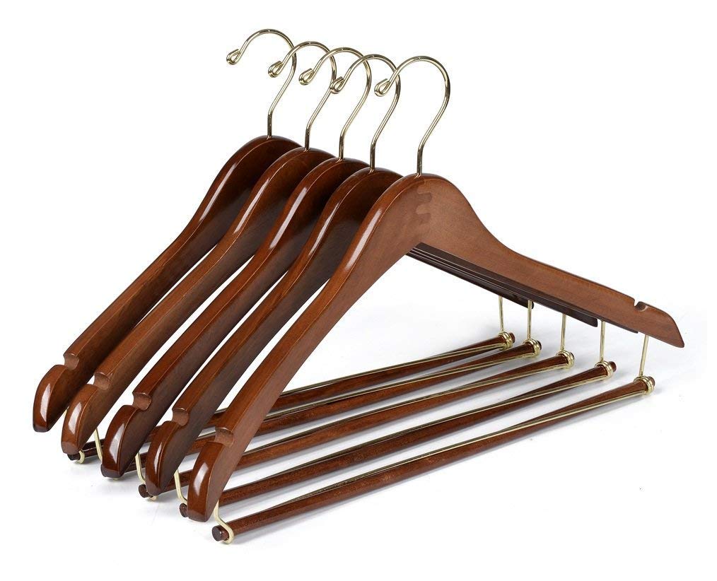 Quality Hangers curved wooden hanger with walnut finish and gold hook.
