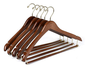 Quality Hangers curved wooden hanger with walnut finish and gold hook.