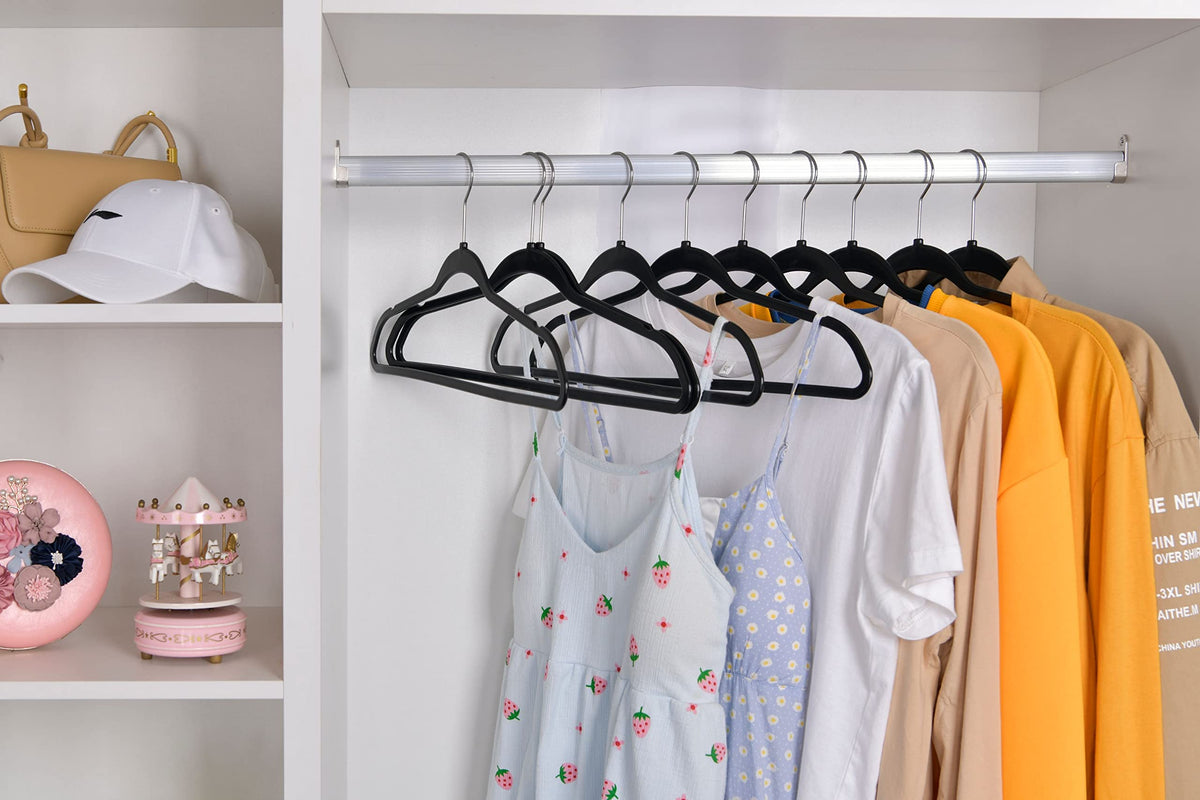 Quality Hangers durable ABS plastic withstands heavy coats without bending.