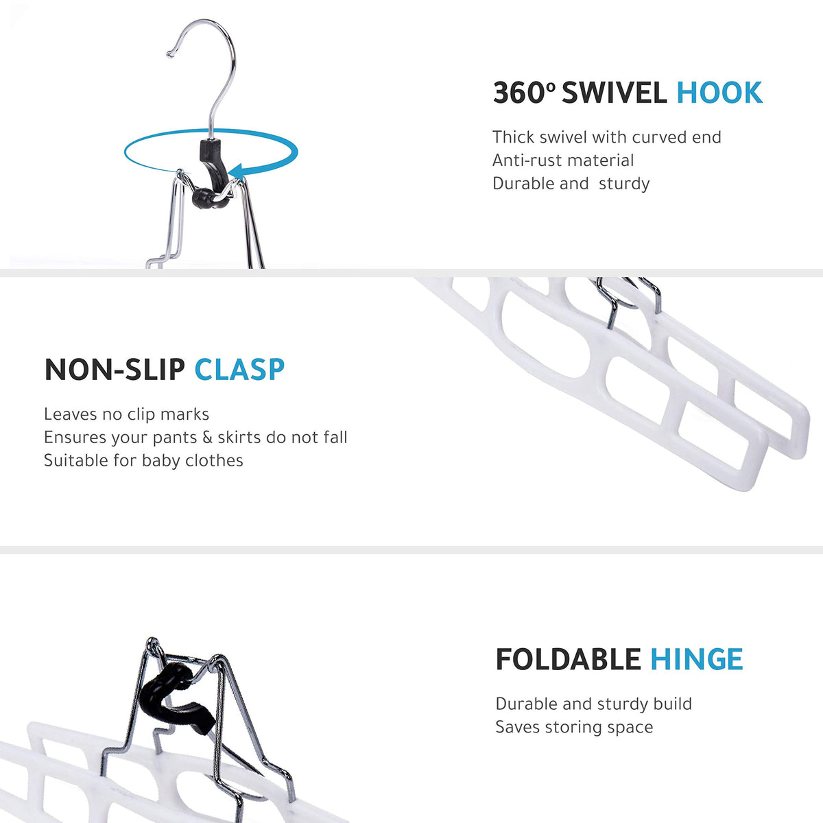 Quality Hangers locking clasp demonstrates secure fit for skirts and pants.