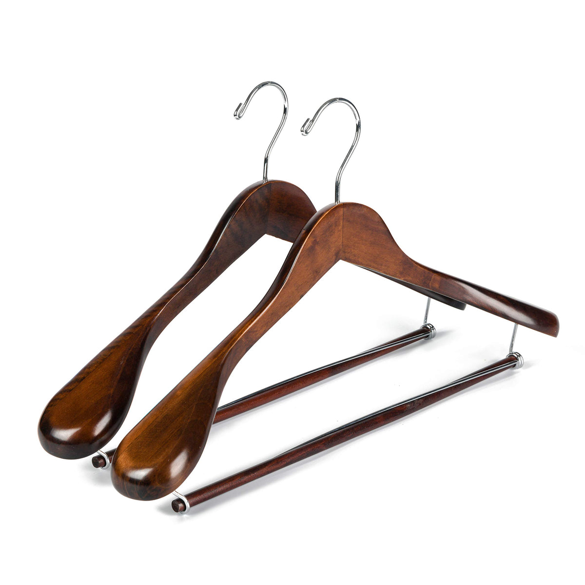 Quality Hangers luxury wide shoulder wooden hanger highlights suit presentation and closet organization.