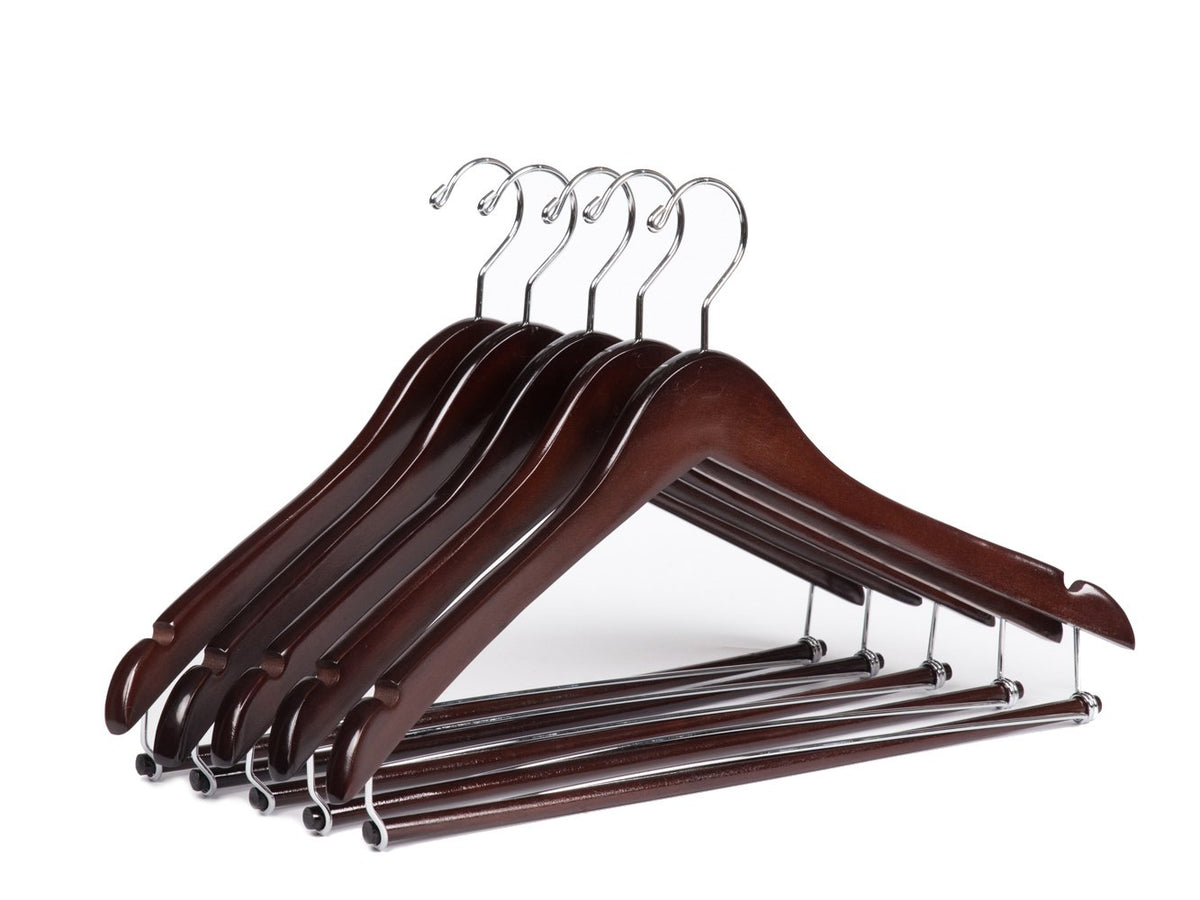 Quality Hangers mahogany curved wooden hanger supports jackets and shirts.
