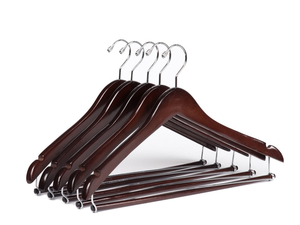 Quality Hangers mahogany curved wooden hanger supports jackets and shirts.