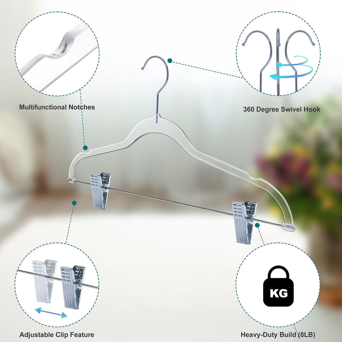 Quality Hangers pants hanger with 360 swivel hook for easy access and view.