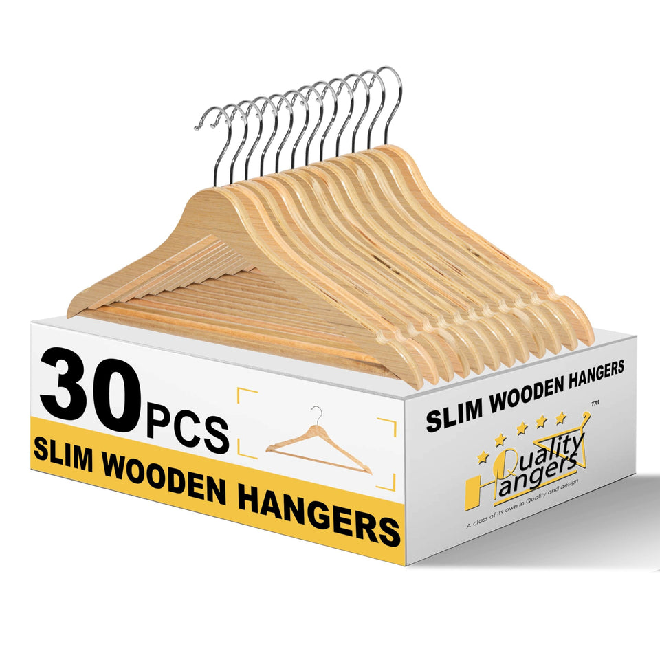 Quality Hangers Premium Slim Wooden Hangers front view highlighting space-saving profile for closets.