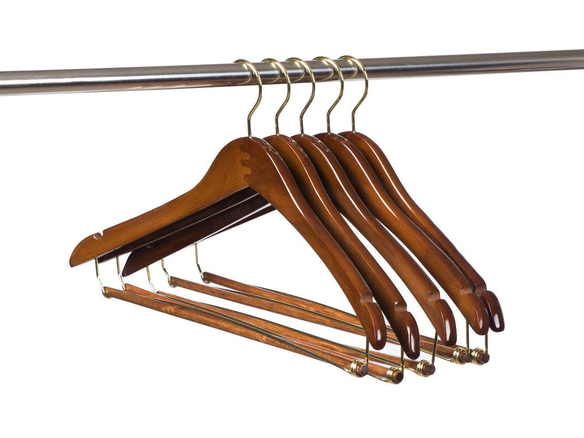 Quality Hangers curved wood hanger with shoulder notches for delicate straps.
