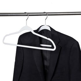 Quality Hangers cream white plastic blend with any closet decor.