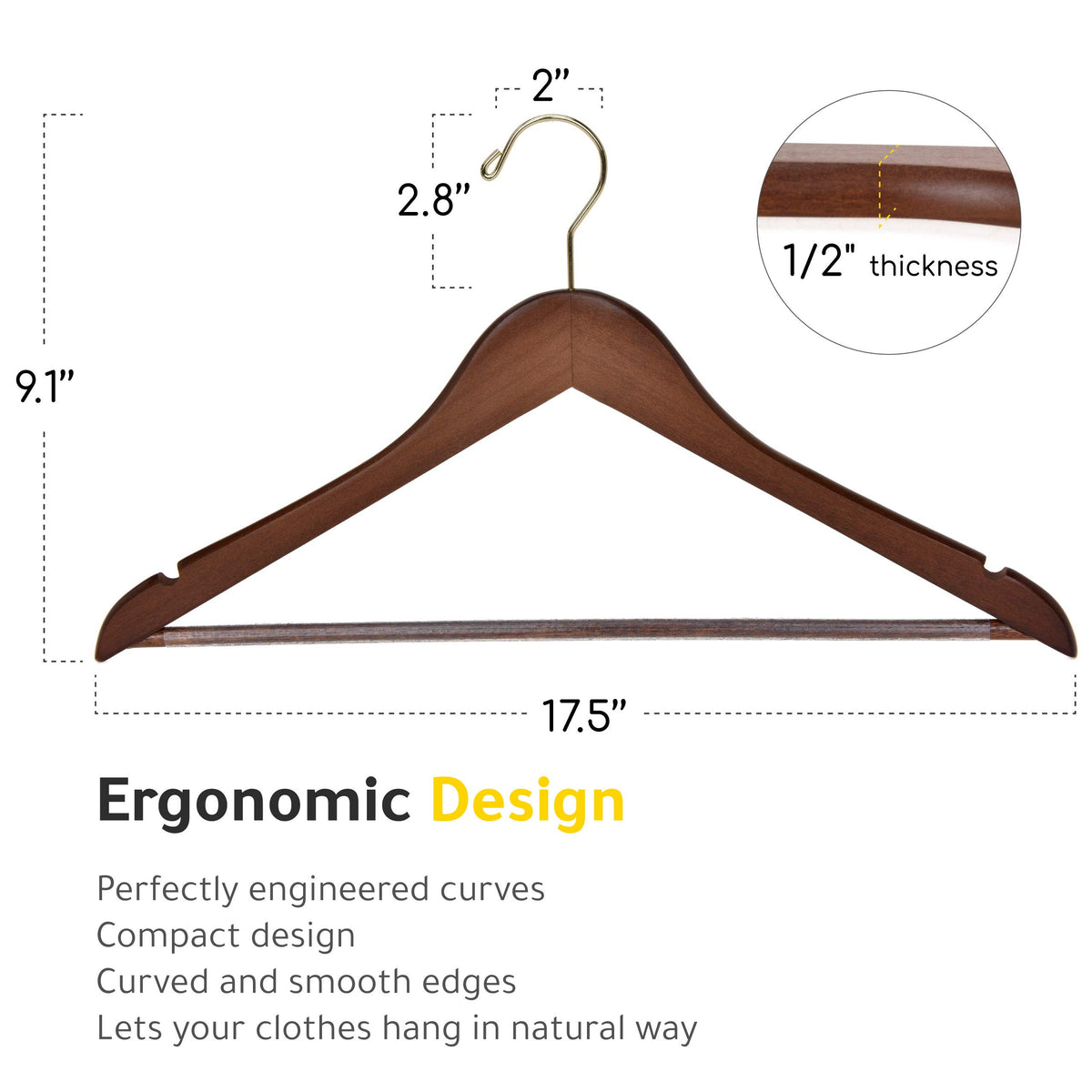 Quality Hangers upgraded contoured shoulder wood hanger for shirts and jackets.