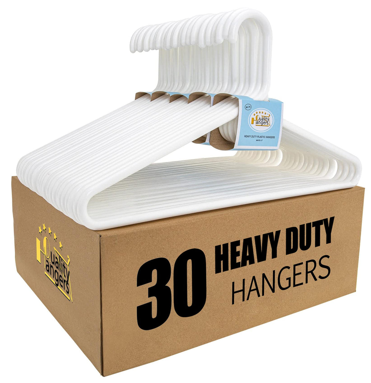 Quality Hangers white plastic coat hangers securely support heavy garments.