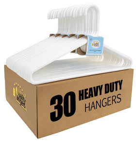 Quality Hangers white plastic coat hangers securely support heavy garments.