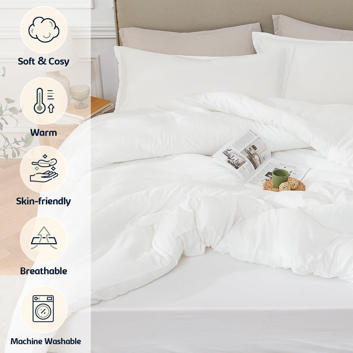 Quataly Queen Comforter Set White close-up fabric reveals breathable microfiber feel.