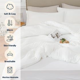 Quataly Queen Comforter Set White close-up fabric reveals breathable microfiber feel.