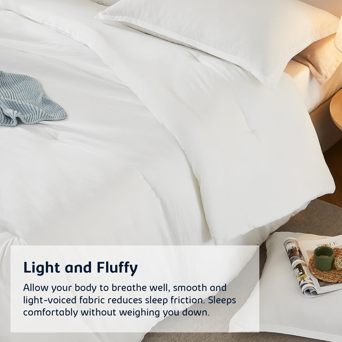 Quataly Queen Comforter Set White in bed image suggests all-season comfort.