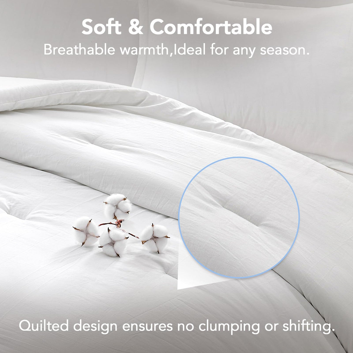 Quataly Queen Comforter Set White stitching detail demonstrates durable seams that keep filling in place.