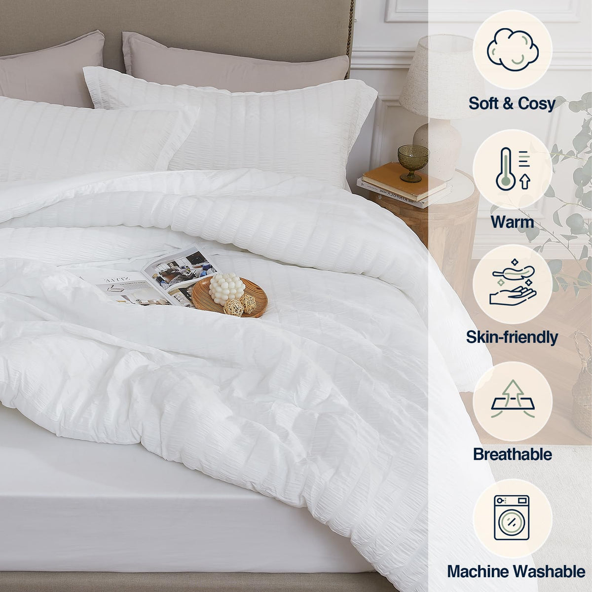 Quataly Seersucker micro-pleated texture adds visual depth to bedding.