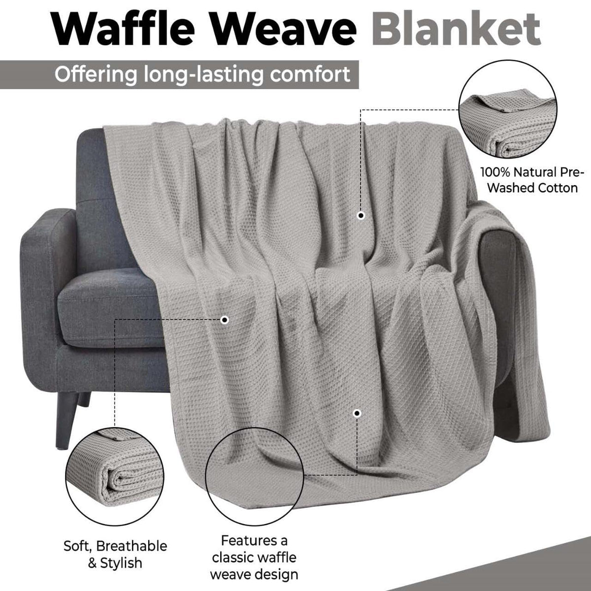QUBA LINEN light grey waffle blanket for contemporary bedroom decor