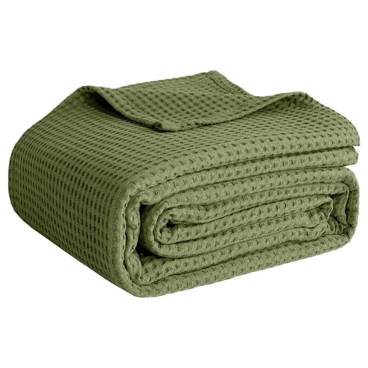 QUBA LINEN olive-green waffle blanket in queen size highlighting breathable warmth and style
