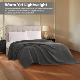 QUBA LINEN waffle blanket in a bright morning bedroom for summer vibes