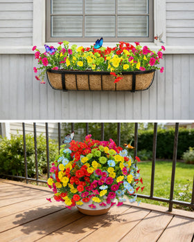 Qubigko UV-resistant faux blooms on front steps resist sun fading.