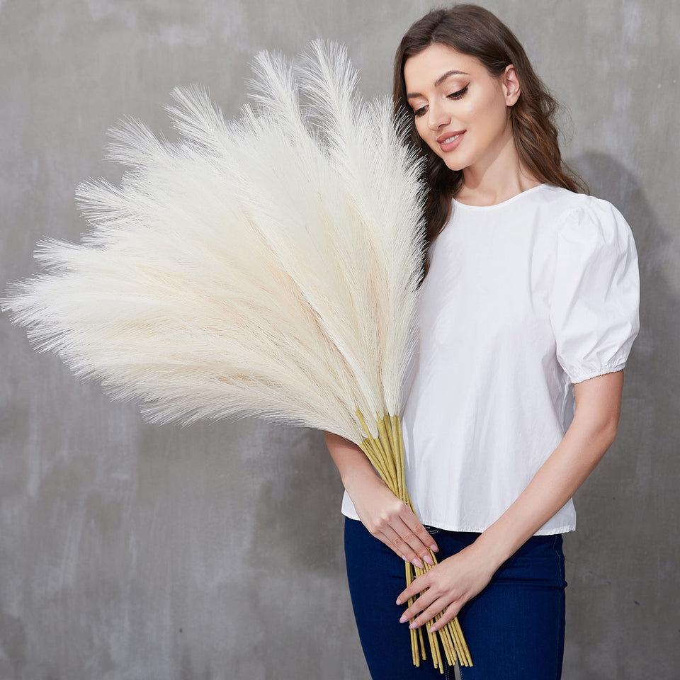 QUBITFUL faux pampas grass ivory, 9 stems, 95 cm tall, ideal for stylish floor vase fillers.