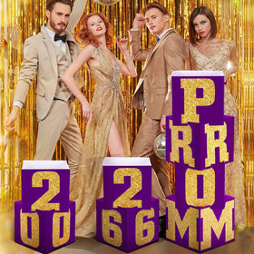 Queekay prom decor purple gold color enhances festive party ambience.