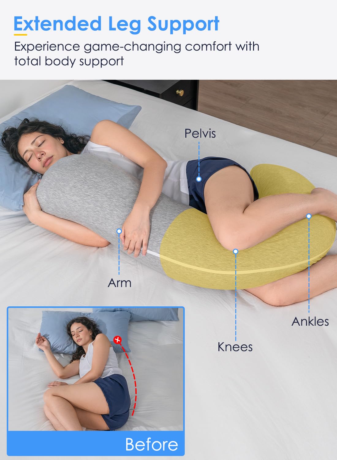QUEEN ROSE body pillow in use by a side sleeper for comfort.